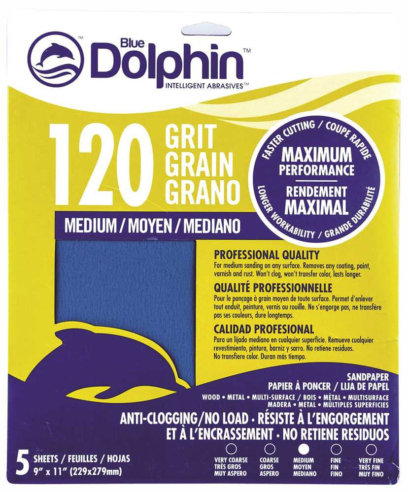 Blue Dolphin™ Anti-clogging-no Load Series Sandpaper, 9 In. X 11 In., 120 Grit, 5 Pack