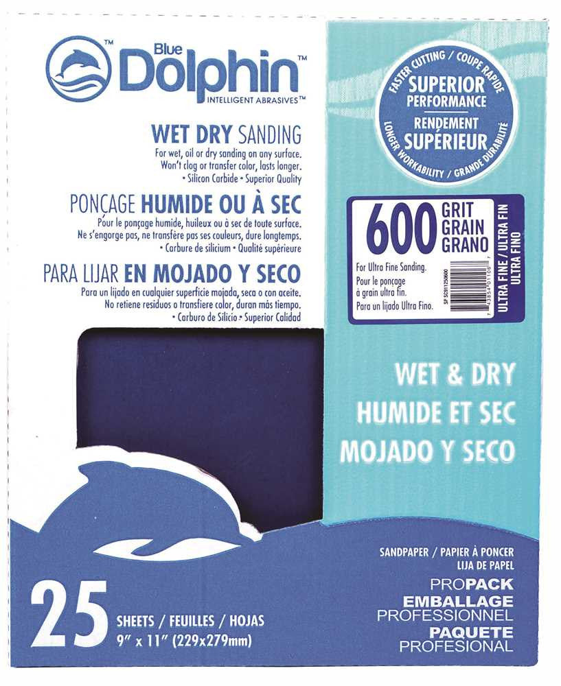 Blue Dolphin™ Wet & Dry Silicon Carbide Sanding Paper, 9 In. X 11 In., 600 Grit, 25 Pack
