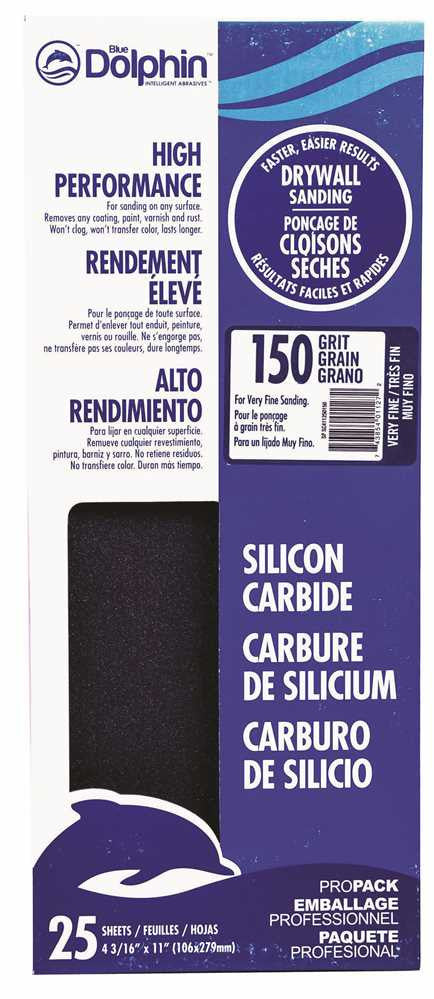 Blue Dolphin™ Silicon Carbide Drywall Sheets, 4-3-16 In. X 11 In., 150 Grit, 25 Pack
