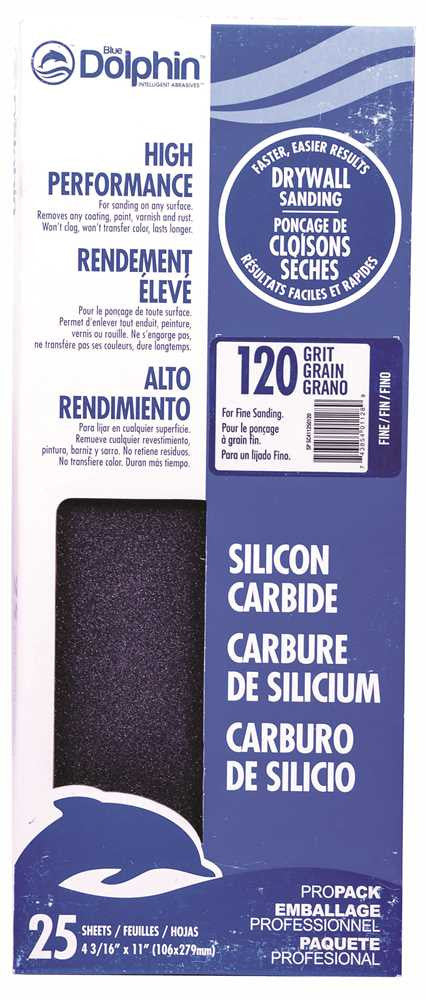 Blue Dolphin™ Silicon Carbide Drywall Sheets, 4-3-16 In. X 11 In., 120 Grit, 25 Pack