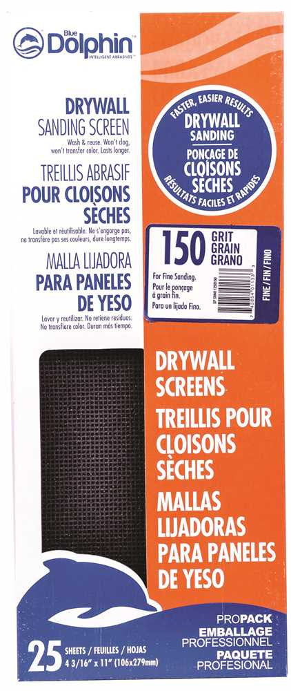 Blue Dolphin™ Silicon Carbide Drywall Screens, 4-3-16 In. X 11 In., 150 Grit, 25 Pack