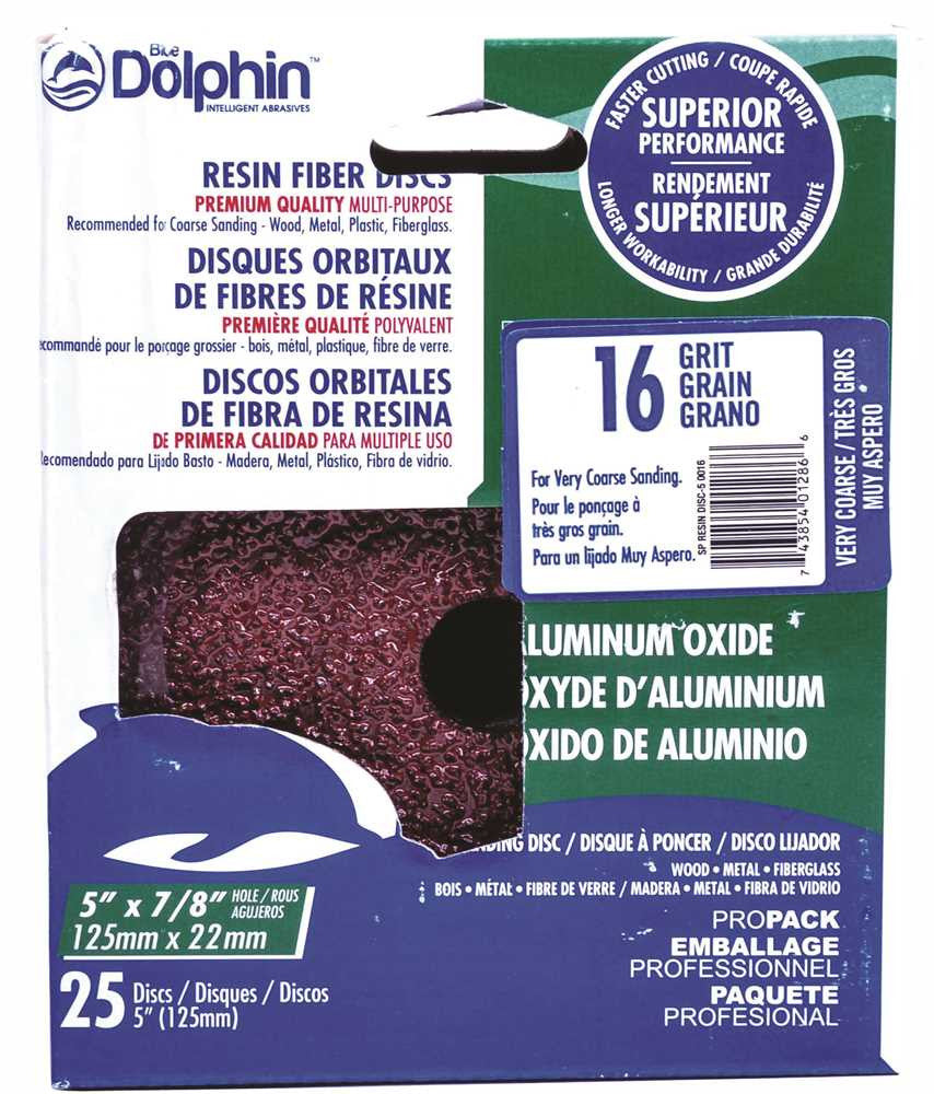 Blue Dolphin™ Resin Fiber Sanding Discs, 5 In. X 7-8 In. Hole, 16 Grit, 25 Pack