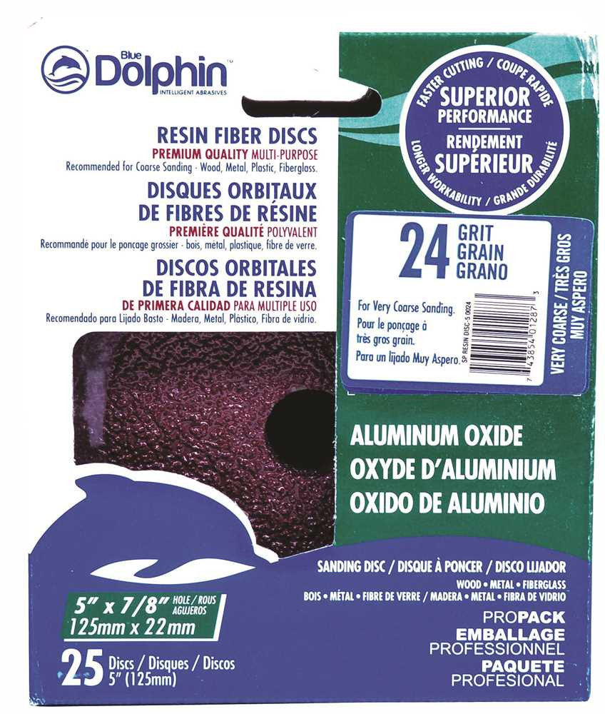 Blue Dolphin™ Resin Fiber Sanding Discs, 5 In. X 7-8 In. Hole, 24 Grit, 25 Pack