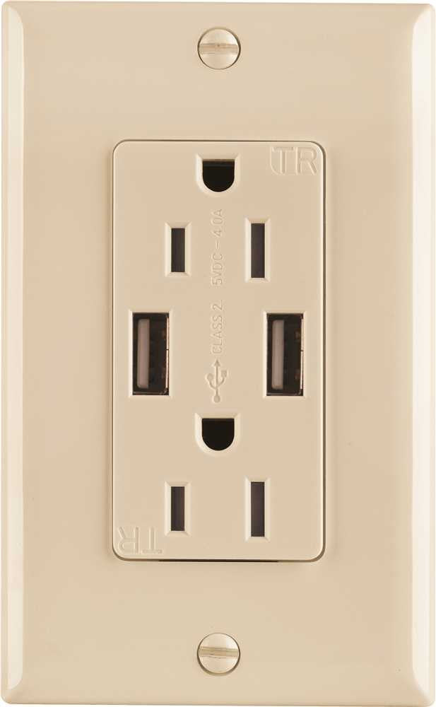 Preferred Industries™ Tamper Resistant Usb Charger Duplex Receptacle, 15 Amp, Ivory