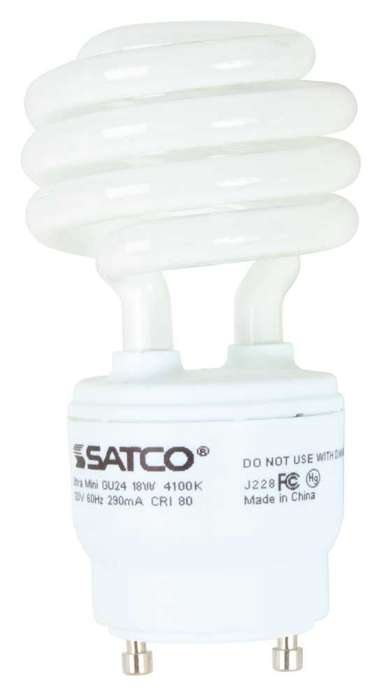 Satco® Spiral Compact Fluorescent Lamp, T2, Mini, 18 Watts, 120 Volts, 4100k, 82 Cri, Gu24 Base