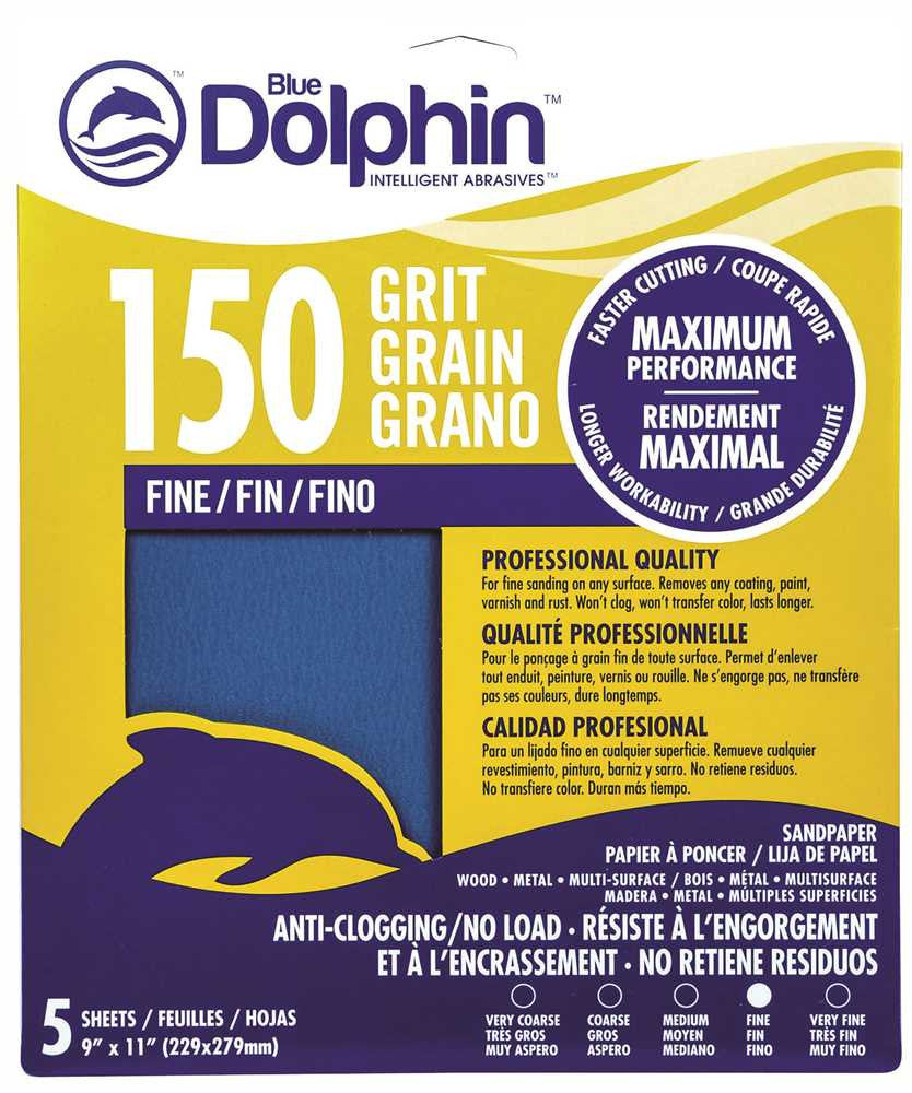 Blue Dolphin&trade; Anti-clogging-no Load Series Sandpaper, 9 In. X 11 In., 150 Grit, 5 Pack