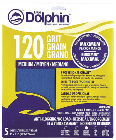 Blue Dolphin&trade; Anti-clogging-no Load Series Sandpaper, 9 In. X 11 In., 120 Grit, 5 Pack