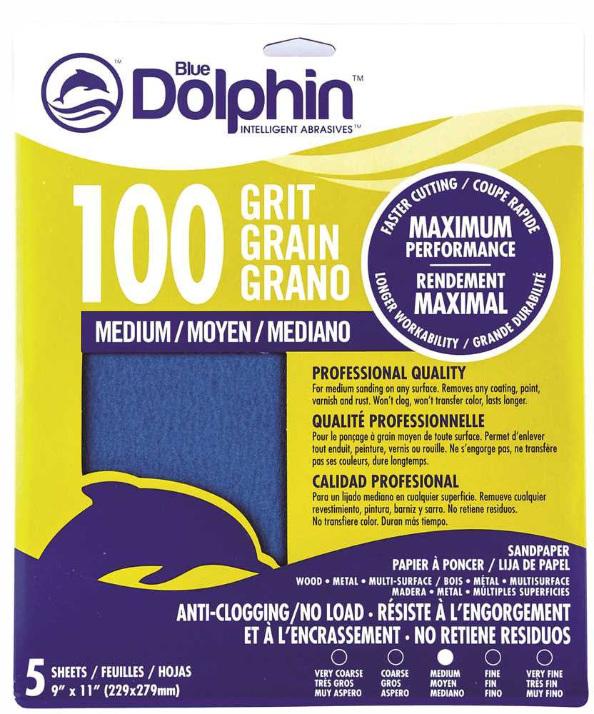 Blue Dolphin&trade; Anti-clogging-no Load Series Sandpaper, 9 In. X 11 In., 100 Grit, 5 Pack