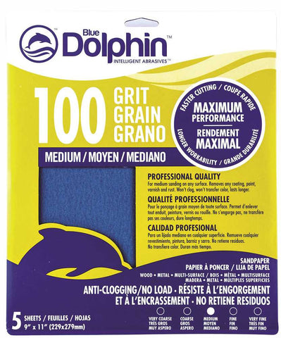 Blue Dolphin&trade; Anti-clogging-no Load Series Sandpaper, 9 In. X 11 In., 100 Grit, 5 Pack