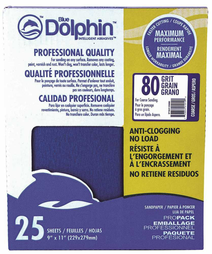 Blue Dolphin&trade; Anti-clogging-no Load Series Sandpaper, 9 In. X 11 In., 80 Grit, 25 Pack