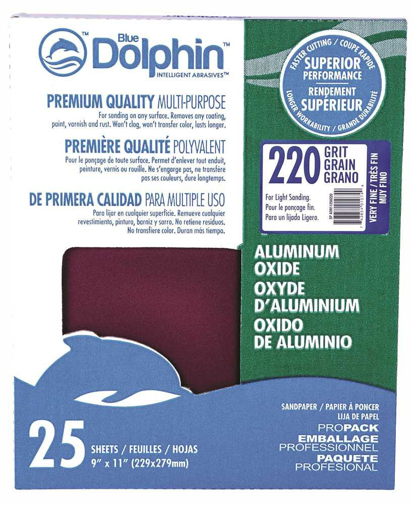 Blue Dolphin&trade; Aluminum Oxide Sandpaper, 9 In. X 11 In., 220 Grit, 25 Pack