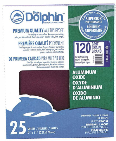 Blue Dolphin&trade; Aluminum Oxide Sandpaper, 9 In. X 11 In., 120 Grit, 25 Pack