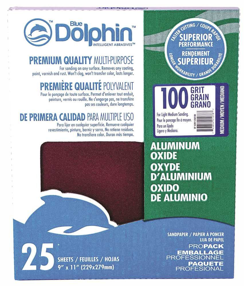 Blue Dolphin&trade; Aluminum Oxide Sandpaper, 9 In. X 11 In., 100 Grit, 25 Pack