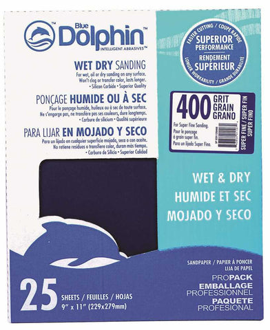 Blue Dolphin&trade; Wet & Dry Silicon Carbide Sanding Paper, 9 In. X 11 In., 400 Grit, 25 Pack