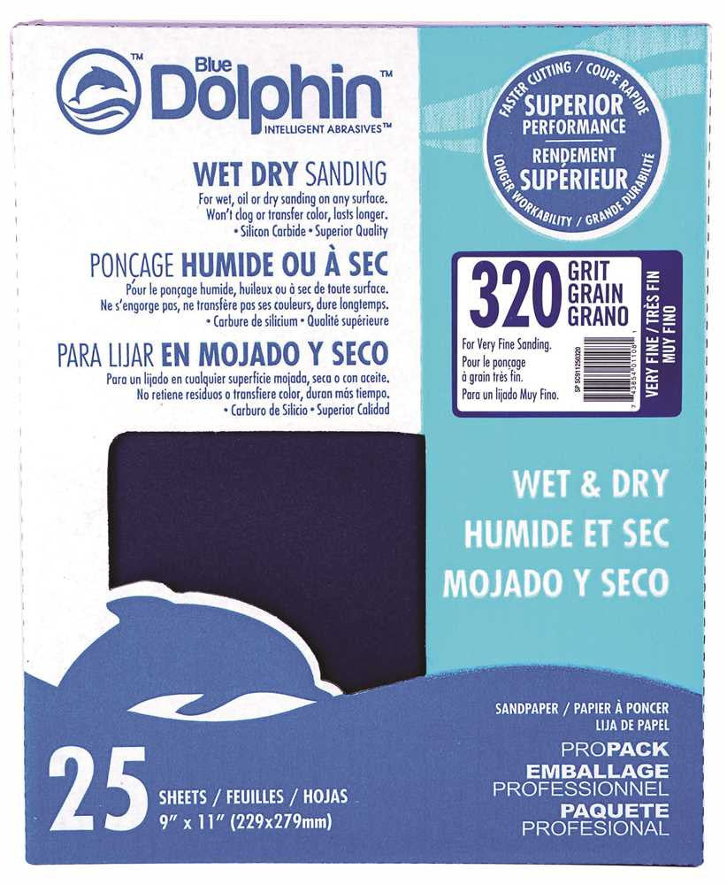 Blue Dolphin&trade; Wet & Dry Silicon Carbide Sanding Paper, 9 In. X 11 In., 320 Grit, 25 Pack