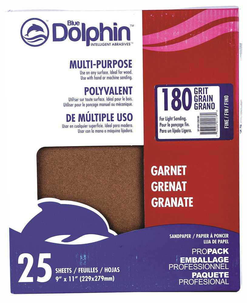 Blue Dolphin&trade; Natural Garnet Sandpaper, 9 In. X 11 In., 180 Grit, 25 Pack