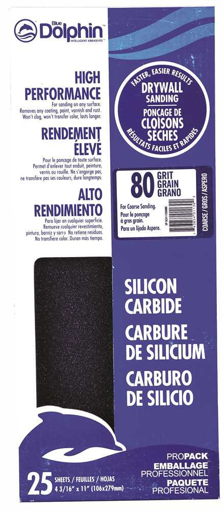 Blue Dolphin&trade; Silicon Carbide Drywall Sheets, 4-3-16 In. X 11 In., 80 Grit, 25 Pack