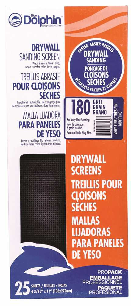 Blue Dolphin&trade; Silicon Carbide Drywall Screens, 4-3-16 In. X 11 In., 180 Grit, 25 Pack