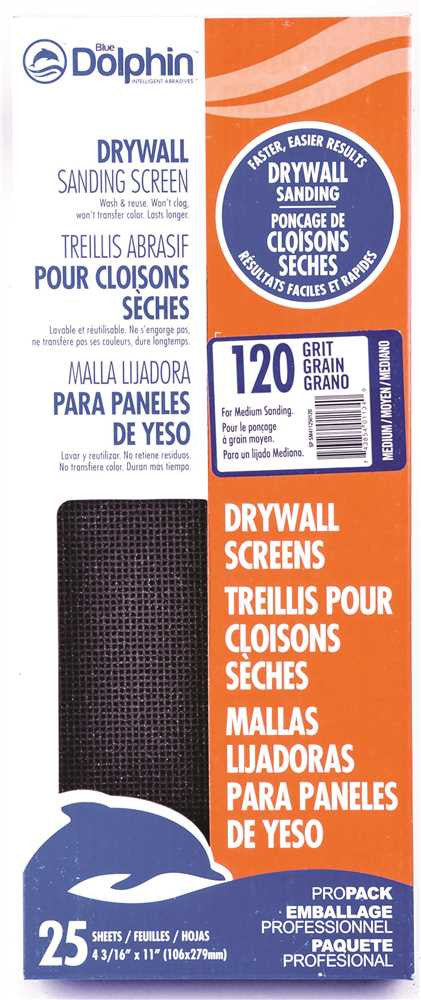 Blue Dolphin&trade; Silicon Carbide Drywall Screens, 4-3-16 In. X 11 In., 120 Grit, 25 Pack