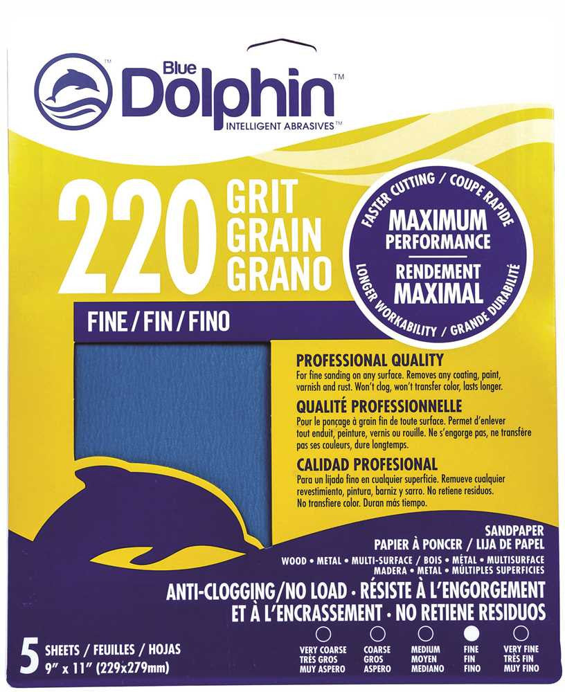 Blue Dolphin&trade; Anti-clogging-no Load Series Sandpaper, 9 In. X 11 In., 220 Grit, 5 Pack