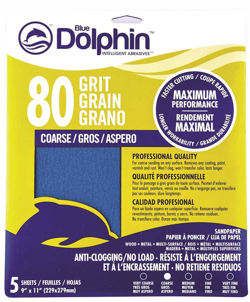 Blue Dolphin&trade; Anti-clogging-no Load Series Sandpaper, 9 In. X 11 In., 80 Grit, 5 Pack