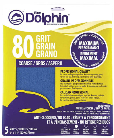 Blue Dolphin&trade; Anti-clogging-no Load Series Sandpaper, 9 In. X 11 In., 80 Grit, 5 Pack