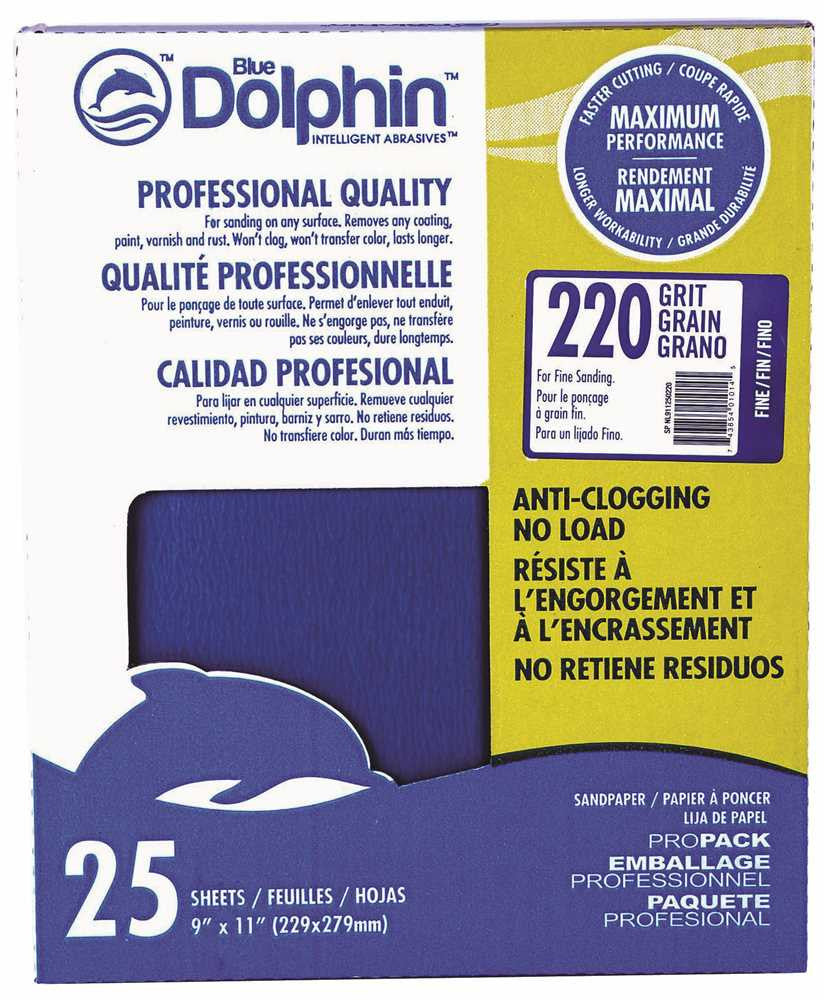 Blue Dolphin&trade; Anti-clogging-no Load Series Sandpaper, 9 In. X 11 In., 220 Grit, 25 Pack