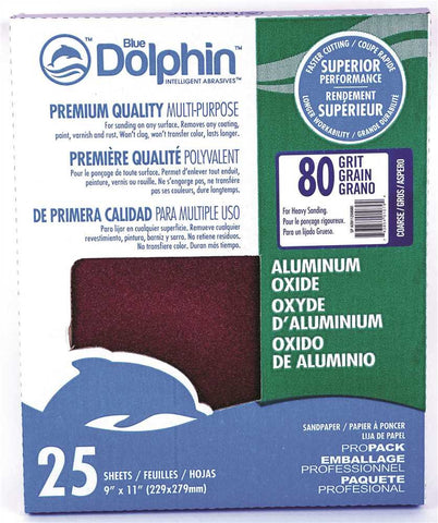 Blue Dolphin&trade; Aluminum Oxide Sandpaper, 9 In. X 11 In., 80 Grit, 25 Pack