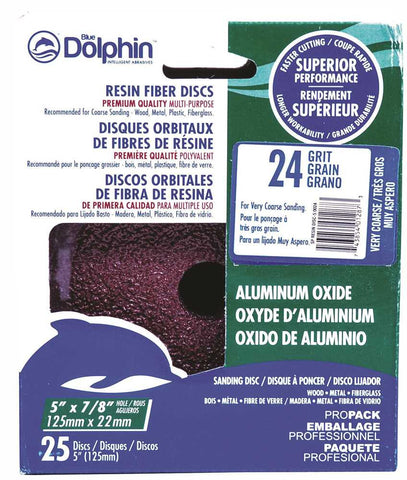 Blue Dolphin&trade; Resin Fiber Sanding Discs, 5 In. X 7-8 In. Hole, 24 Grit, 25 Pack