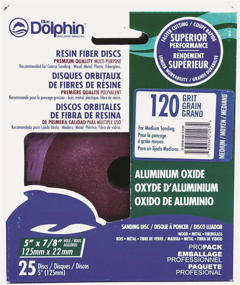 Blue Dolphin&trade; Resin Fiber Sanding Discs, 5 In. X 7-8 In. Hole, 120 Grit, 25 Pack