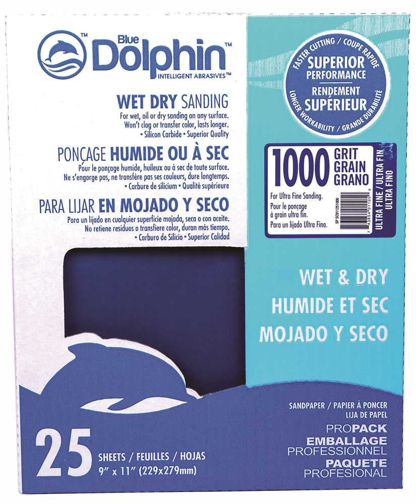 Blue Dolphin&trade; Wet & Dry Silicon Carbide Sanding Paper, 9 In.x 11 In., 1000 Grit, 25 Pack