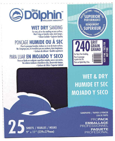 Blue Dolphin&trade; Wet & Dry Silicon Carbide Sanding Paper, 9 In.x 11 In., 240 Grit, 25 Pack