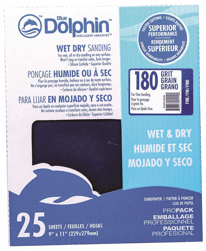 Blue Dolphin&trade; Wet & Dry Silicon Carbide Sanding Paper, 9 In.x 11 In., 180 Grit, 25 Pack