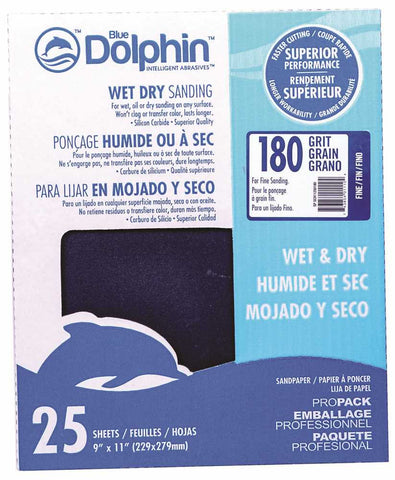 Blue Dolphin&trade; Wet & Dry Silicon Carbide Sanding Paper, 9 In.x 11 In., 180 Grit, 25 Pack