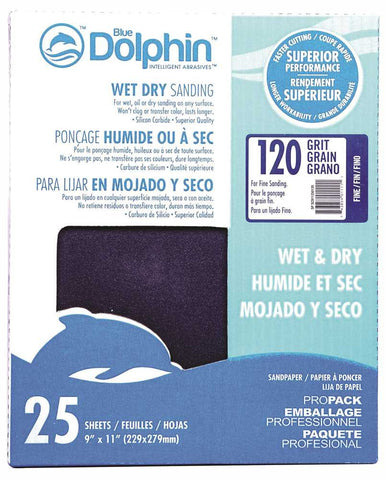 Blue Dolphin&trade; Wet & Dry Silicon Carbide Sanding Paper, 9 In.x 11 In., 120 Grit, 25 Pack