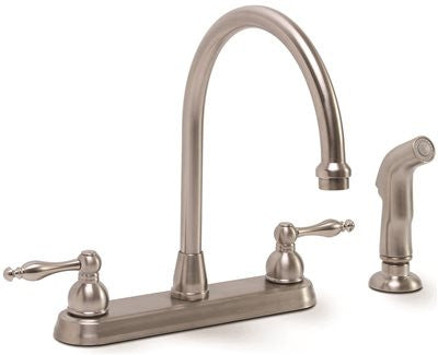 Wellington Ceramic Disc Kitchen Faucet With Teapot-style Handles And Sprayer Brushed Nickel