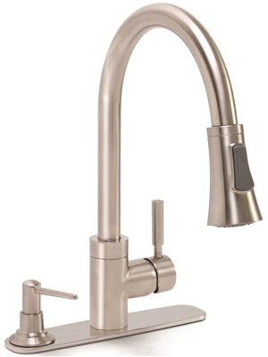 Essen&trade; Kitchen Faucet With Pull Down Spout, Single Metal Lever Handle, And On Deck Soap Dispenser, Brushed Nickel