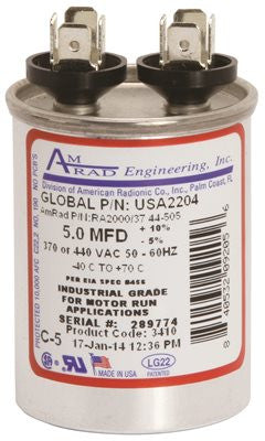 Amrad Engineering Round Usa-made Motor Run Capacitor, 5 Mfd, 370-440 Vac