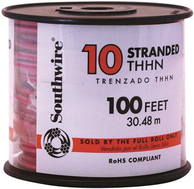 Southwire Simpull Thhn&reg;, 10 Gauge Thhn Stranded Wire, Red, 100 Ft. Per Roll