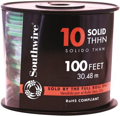 Southwire Simpull Thhn&reg;, 10 Gauge Thhn Solid Wire, Green, 100 Ft. Per Roll