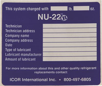 Icor International Nu-22b&trade; Refrigerant System Id Labels, 10 Per Pack