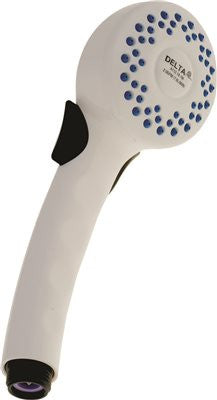 Delta Full Spray Handheld Shower Head With Push Button Volume Control And Water Saving 2.0 Gpm, White Abs