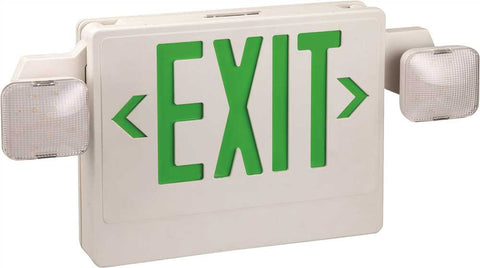 Monument Emergency Exit Led Combo With Green Letters, 2 Led Lamp Heads, Ul Listed, Suitable For Damp Locations