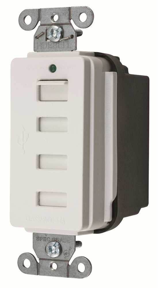 Hubbell Style Line Decorator Usb Charger Outlet, 4 Port, White