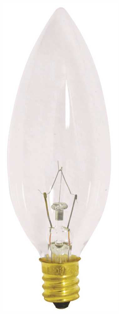 Satco Incandescent Decorative Lamp Ba9 1-2, 25 Watt, 130 Volt, Candelabra Base, Clear, 2500 Average Rated Hours, 25 Per Box