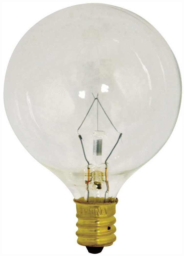 Satco Incandescent Decorative Lamp G16 1-2, 25 Watt, 130 Volt, Candelabra Base, Clear, 2500 Average Rated Hours, 25 Per Box