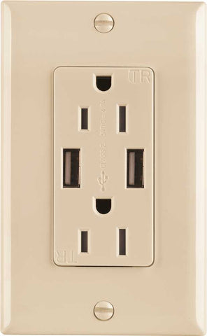 Preferred Industries&trade; Tamper Resistant Usb Charger Duplex Receptacle, 15 Amp, Ivory