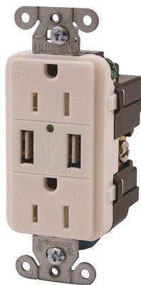 Hubbell Tamper Resistant Usb Charger Duplex Receptacle, 15 Amp, White