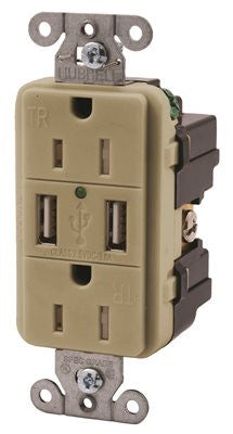 Hubbell Tamper Resistant Usb Charger Duplex Receptacle, 15 Amp, Ivory