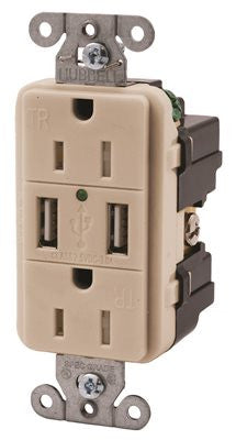 Hubbell Tamper Resistant Usb Charger Duplex Receptacle, 15 Amp, Light Almond